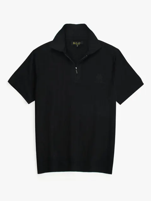 Loro Piana Ribbed Knit Zip Polo — Black