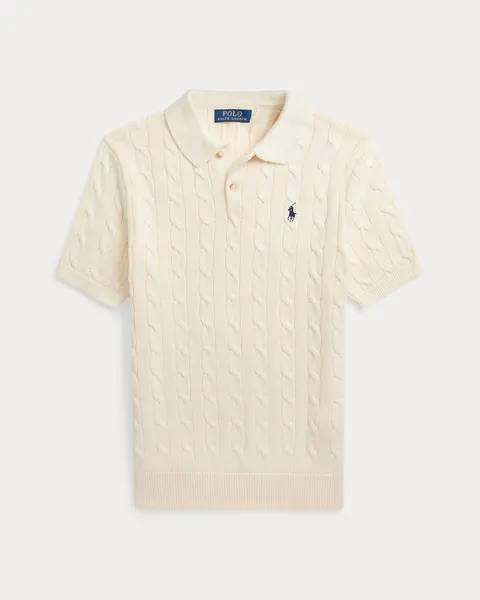 Ralph Lauren Cable-Knit Polo Sweater (Short Sleeve) — Andover Cream