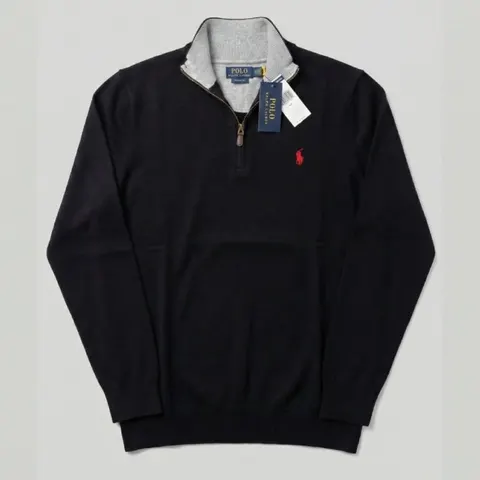 Ralph Lauren Cotton Quarter-Zip (Contrast Collar) — Black